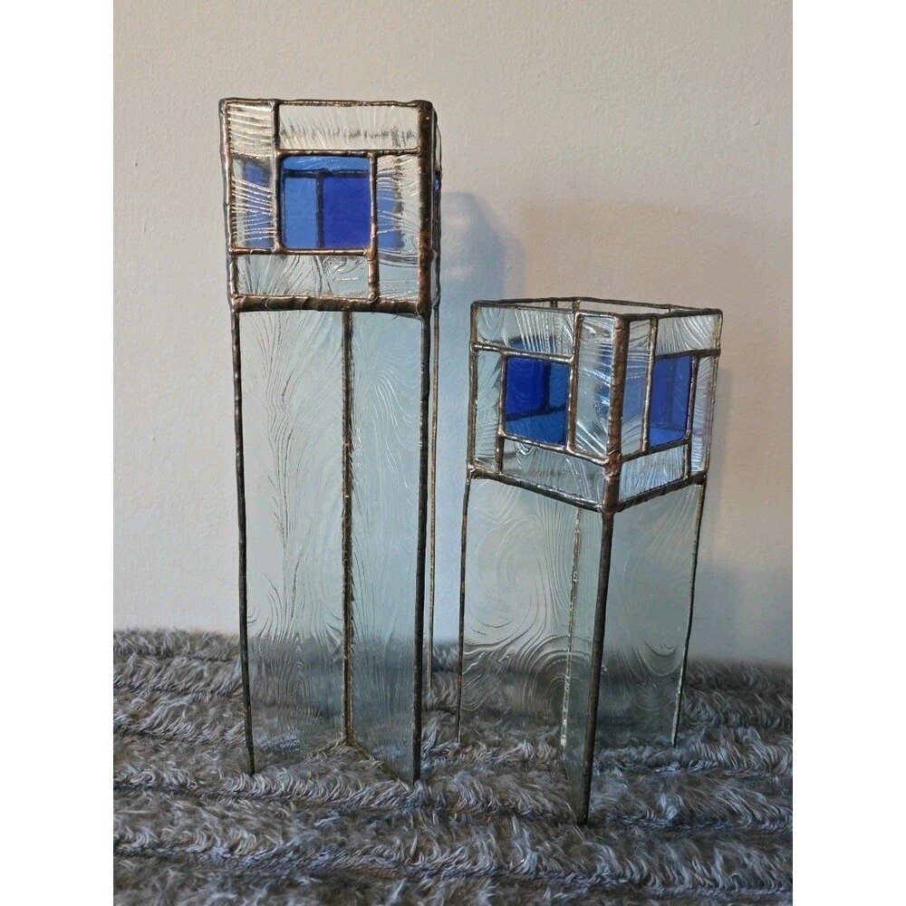 2 Vintage Clear W/Blue Beveled Modernist Leaded Glass Art Geometric Candleholder